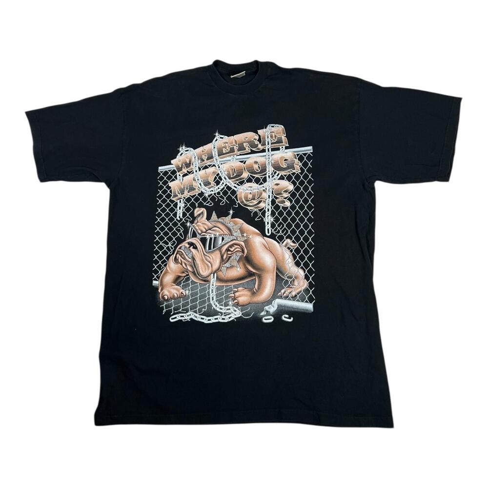 Vinatge Bulldog "Where My Dog ?" T-Shirt Mens 4XLT Black Y2K Streetwear